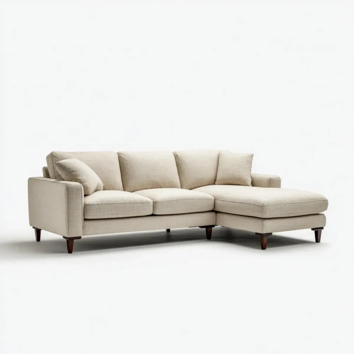 Sofa, Rożna sofa 3 beżowe fotele z siedzeniem w prawo 250 x 160 x 85 cm w poliestrze i litym drewnie