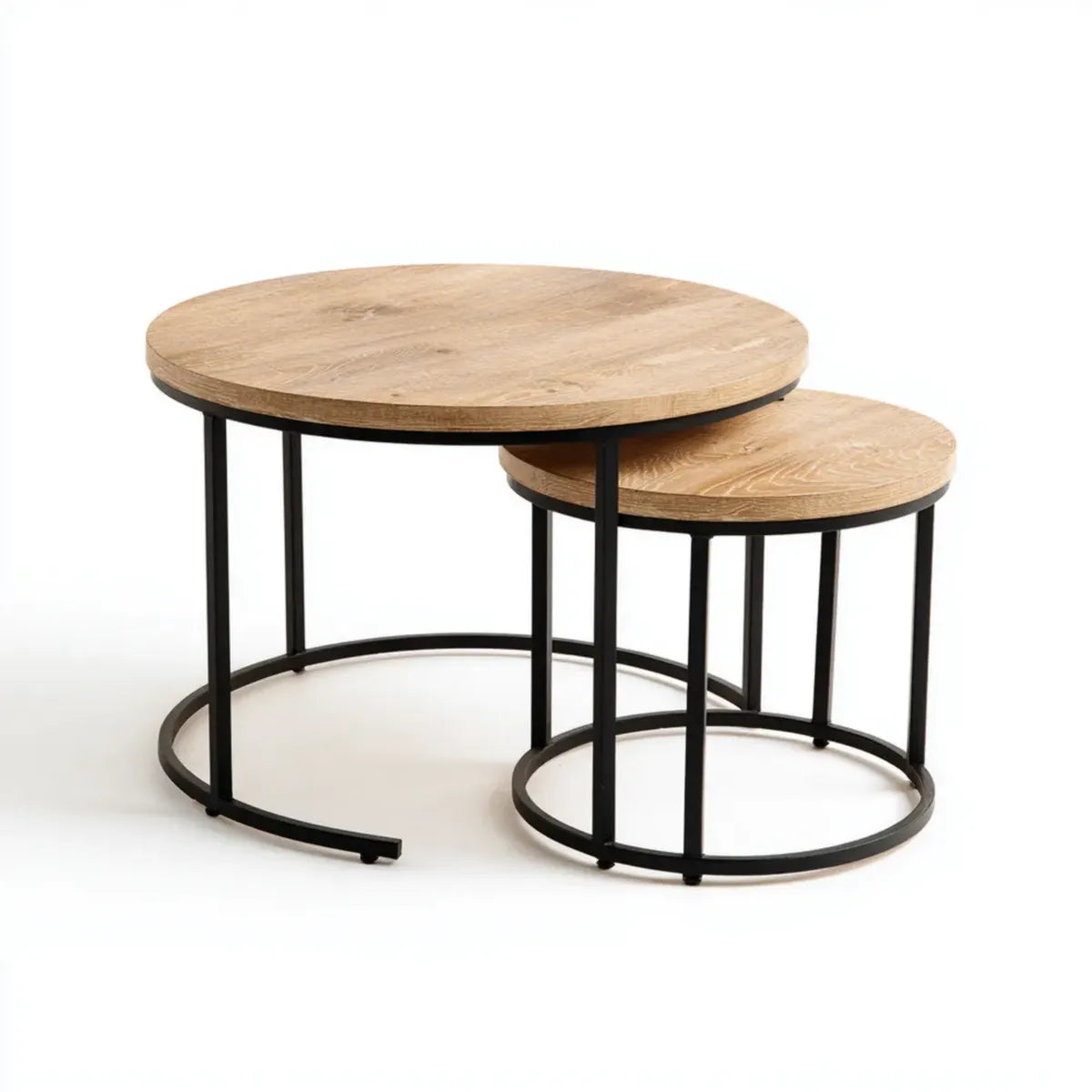 Stolik kawowy, Zestaw 2 okrągłych stołów z czarnym i lekkim dębem okrągłe stoły w MDF i stali Ø80 x H45 cm Ø60 x H35 cm