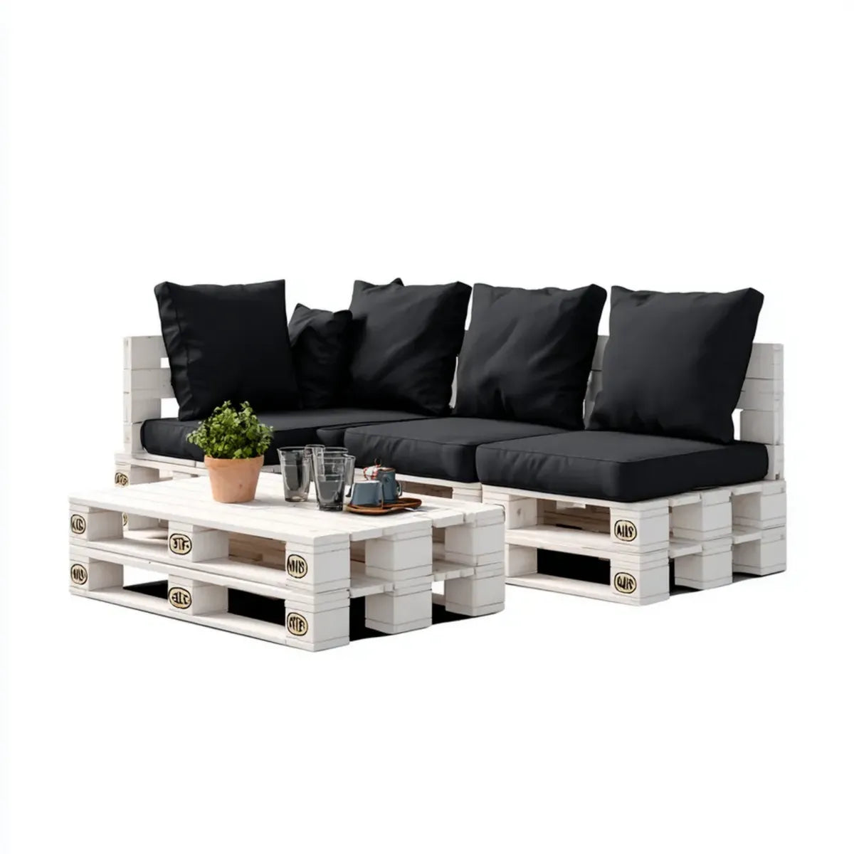 Sofa ogrodowa, Kolumna do palet Zestaw biały czarny z drewna sosnowego z poduszką poliestrową 240 x 80 x 80 cm