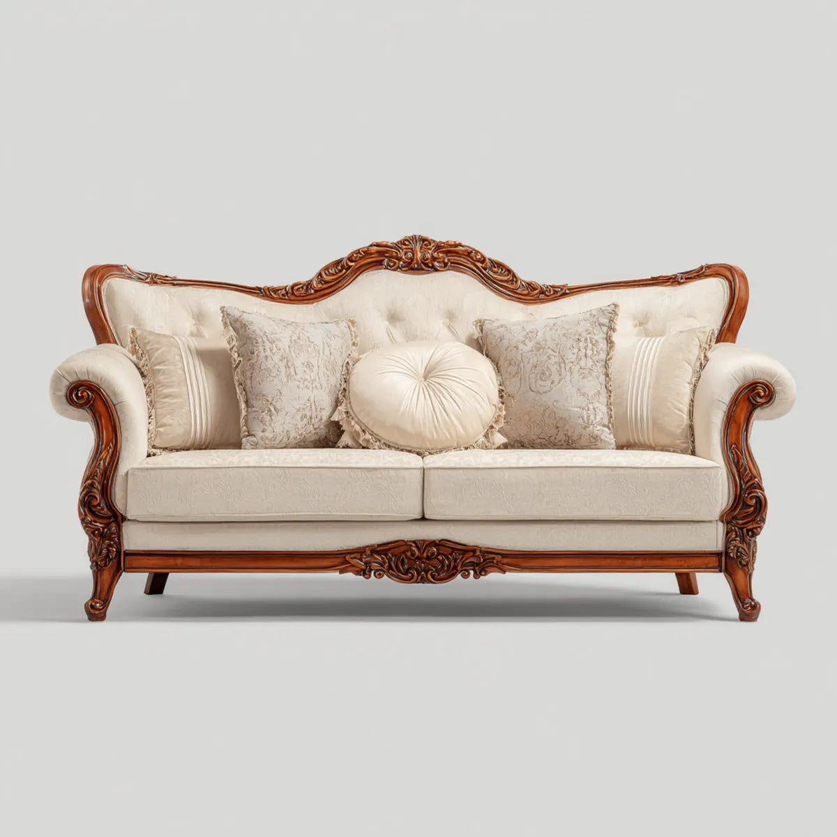 Sofa 2 klasyczne kości słoniowej i orzecha włoskiego 180 x 90 x 110 cm w litym drewnie i w kształcie poliestru