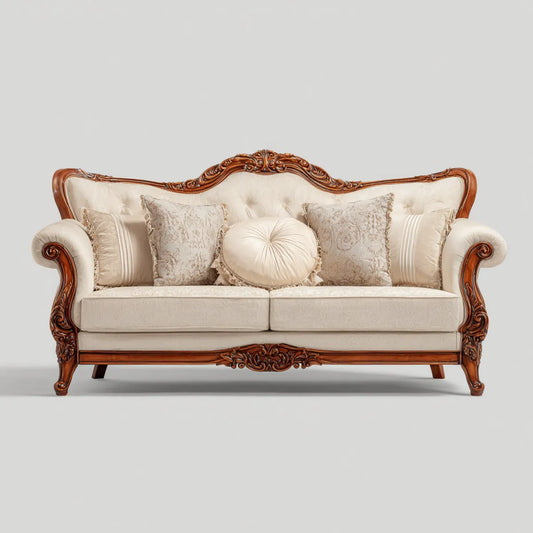 Sofa 2 klasyczne kości słoniowej i orzecha włoskiego 180 x 90 x 110 cm w litym drewnie i w kształcie poliestru