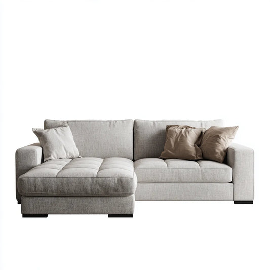 Sofa, Kanapa narożna 3 fotele z krzesełkiem z lewym jasnoszarym poliestrem 280 x 165 x 85 cm