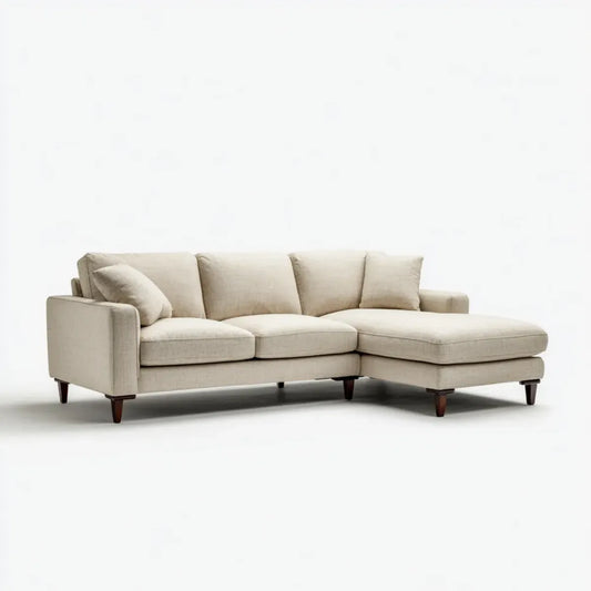 Sofa, Rożna sofa 3 beżowe fotele z siedzeniem w prawo 250 x 160 x 85 cm w poliestrze i litym drewnie
