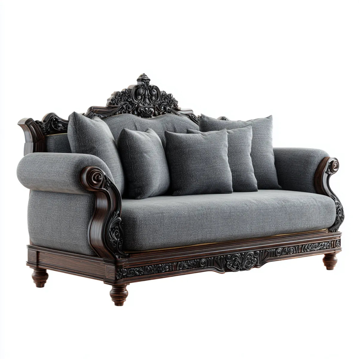 Sofa, Szara sofa z litą ramą drewnianą wyrzeźbiona 230 x 95 x 110 cm